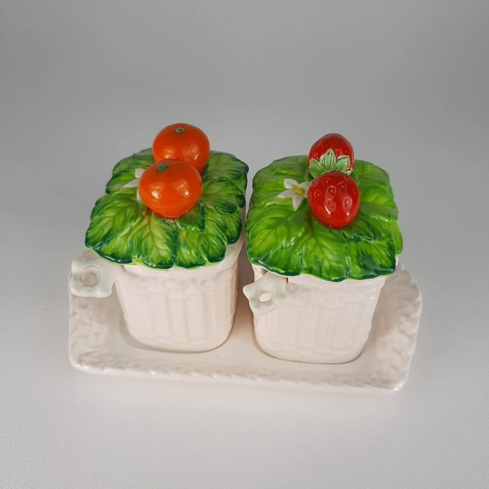 Strawberry & Orange Marmalade Ceramic Jelly Jam Jar Set w/ Spoons Mann Vintage